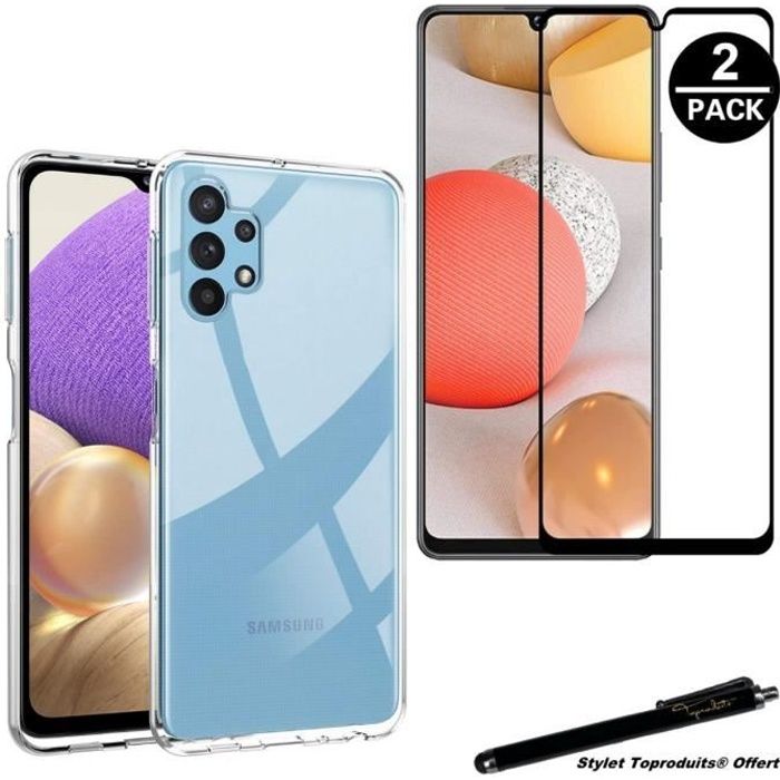 1 Coque de protection Transparente + 2 Verres trempé bords noirs pour Samsung Galaxy A32 5G avec Stylet Toproduits®