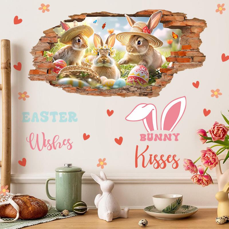 Creative Easter Wall Stickers 3D Breakthrough Stickers Easter Bunny Wall Decals For Home Roomm Room Party