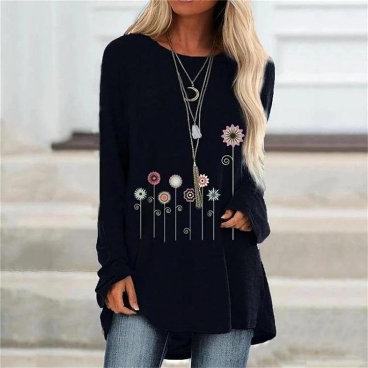 Summer Plus Size Women Tunic Casual Loose Cotton T Shirt Long Sleeves Round Neck Floral Printed Fashion Top