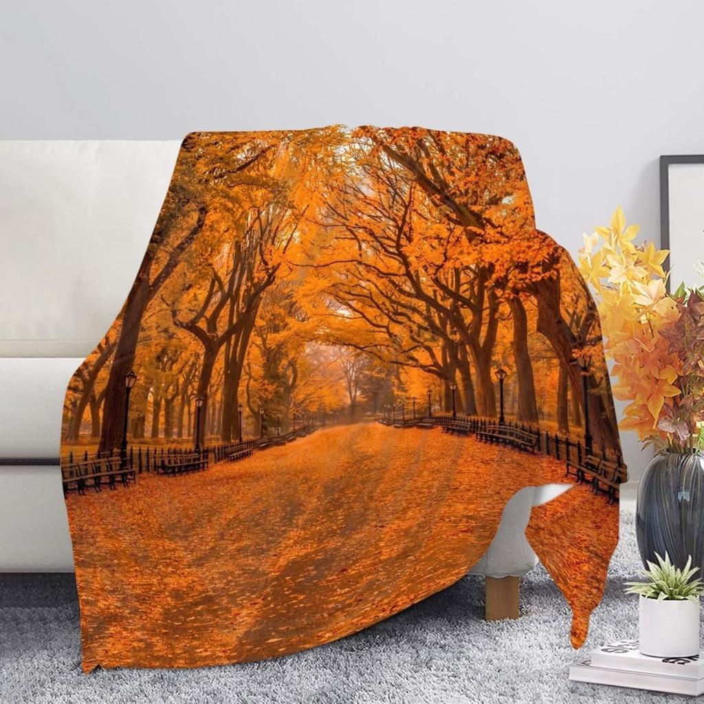 Harvest Autumn Throw Blanket Pumpkin Farmhouse Fallen Leaves Blanket Cozy Soft Lightweight Flannel Plush Blankets for Bed Couch