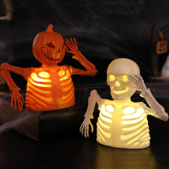 Halloween Pumpkin Skull Night Light, LED Spooky Decor for Haunted House, Glowing Ghost Ornament for Table Centerpiece