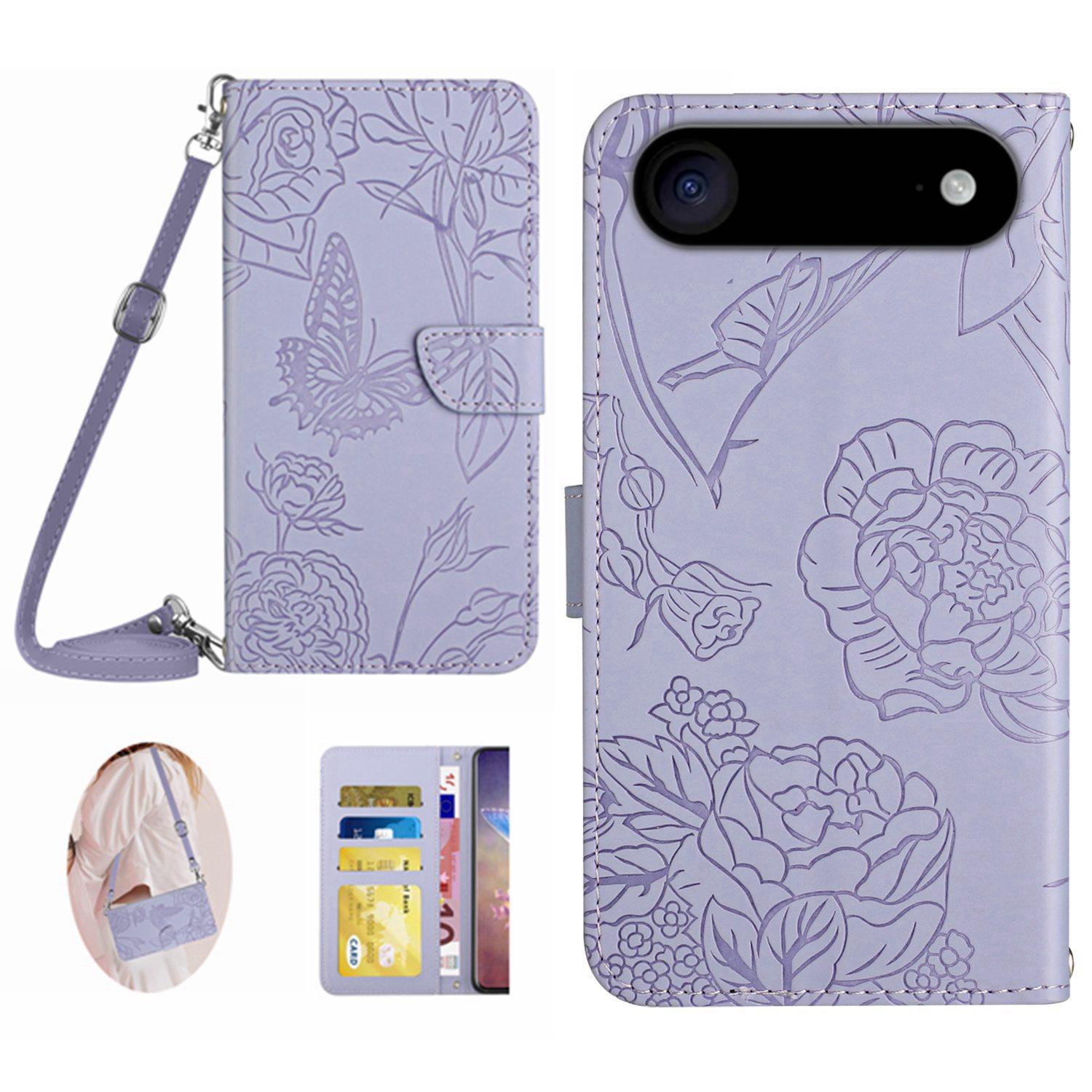 

For iPhone 17 Air Case Butterfly Flower Imprint Leather Phone Cover with Shoulder Strap Purple