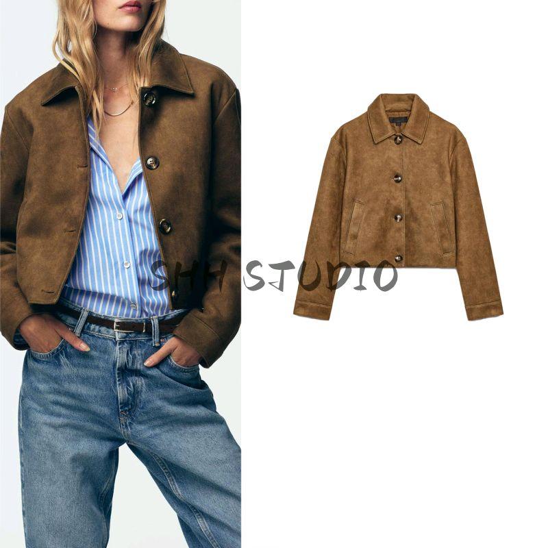 Fall New Women's Clothing French Lapel Long Sleeves Short Suede Texture Effect Jacket Outwear 8372286
