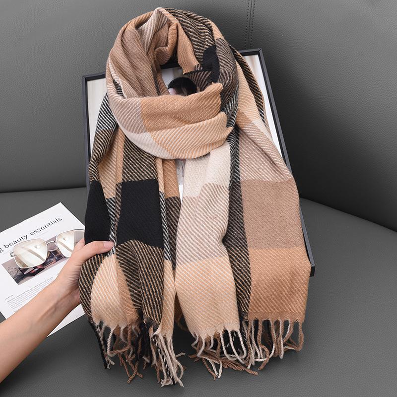 Imitation cashmere scarf women's autumn and winter classic plaid casual fringed student long shawl scarf