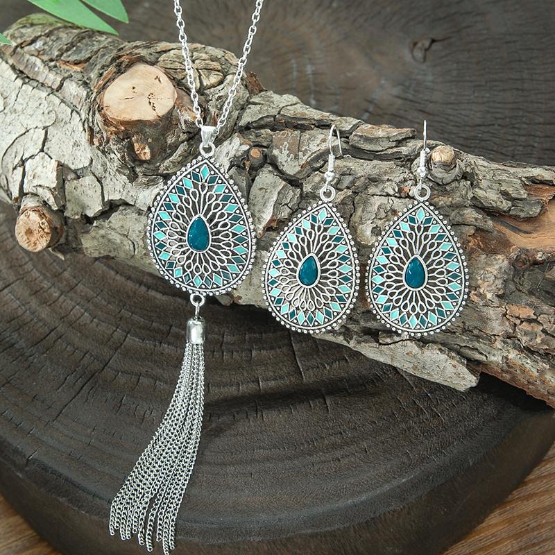 Ethnic Temperament Water Drop Earrings Necklaces Set for Women Vintage Hollow Drop Glaze Tassel Necklace Boho Female Jewelry