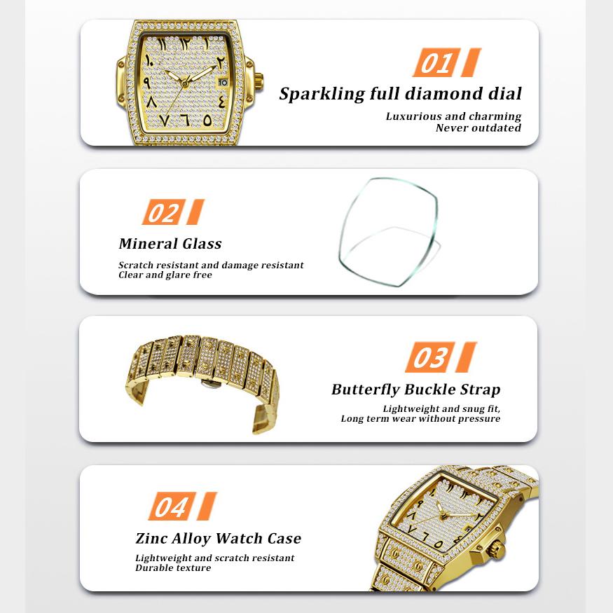 Womens Diamond Watch Tonneau Barrel-Shaped Luxury Quartz Wristwatch Bling Crystal Dress Watch Arabic Numerals Waterproof