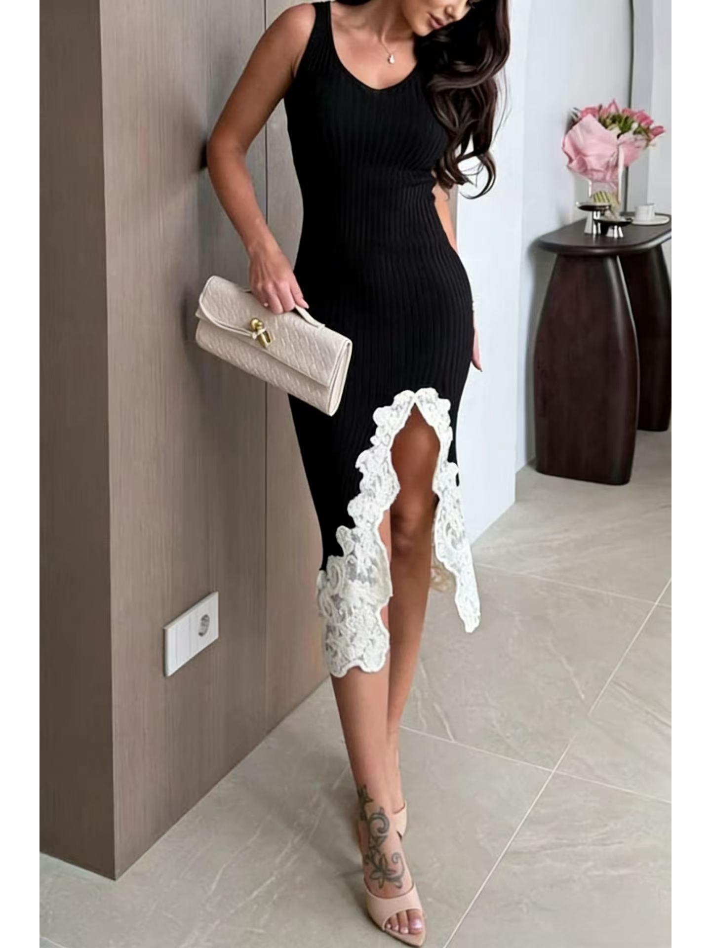 

Spring/Summer 2026 Elegant Casual Lace Slit Hem Dress for Europe and America Extra Large чорний