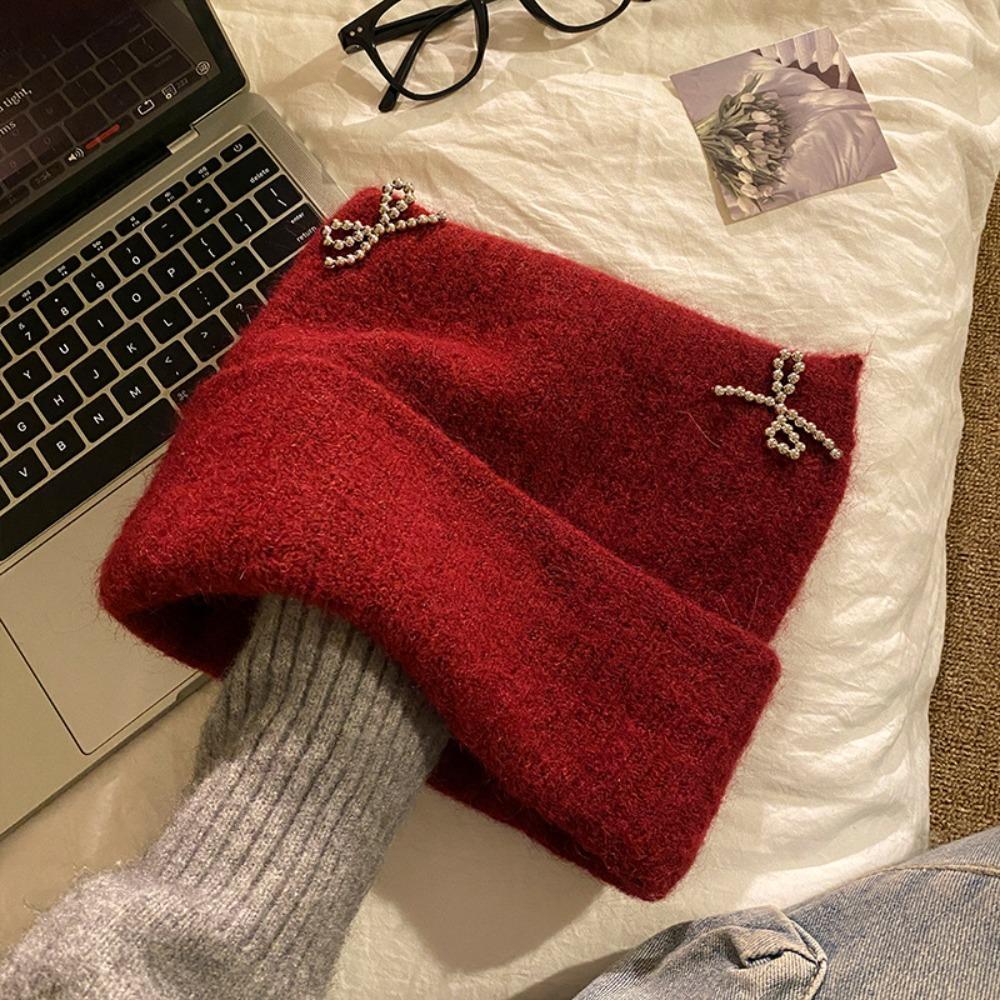 Bow Knitted Pullover Hat Fluffy Winter Wool Hat Keep Warm Cat Ears Beanie Hat  Girls
