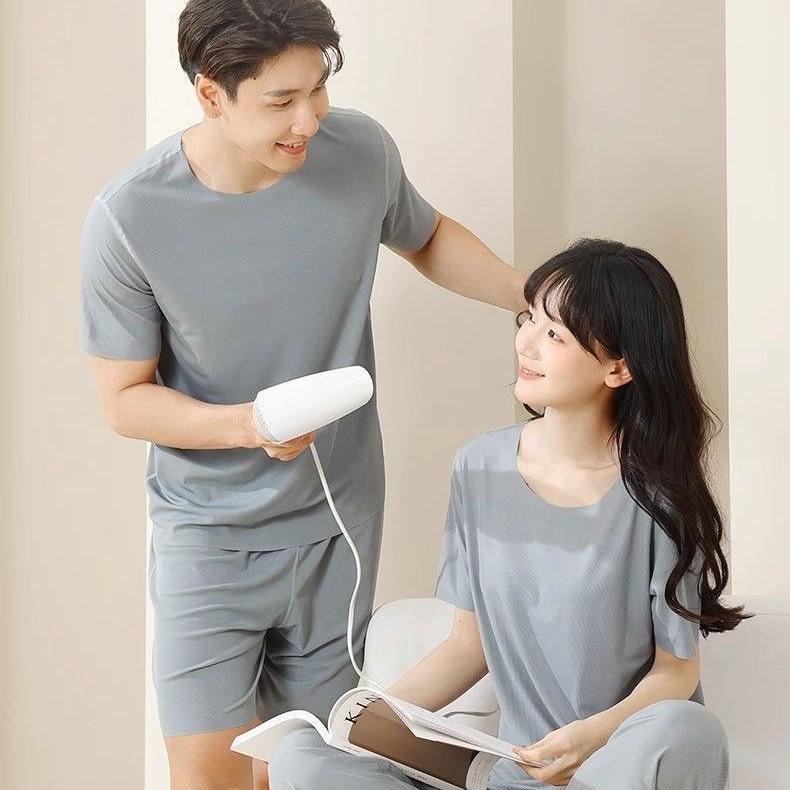 Summer Ice Silk Pajama Set: Men’s Shorts & Women’s Casual Round Neck