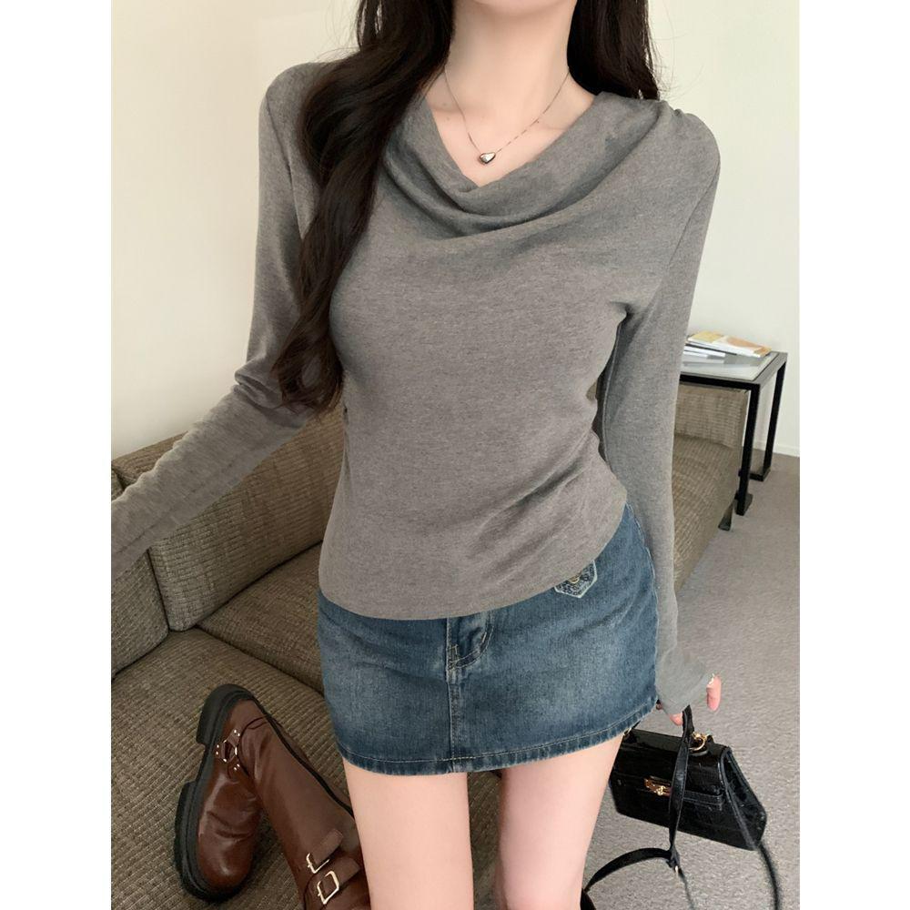 

Korean Style Slim-Fit One-Shoulder Long-Sleeved T-Shirt for Women - Elegant Flowing Collar, Perfect for Spring and Autumn Medium серый
