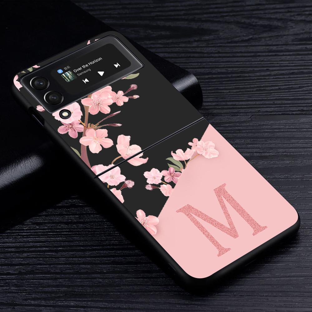 Case for Samsung Galaxy Z Flip4 Flip3 5G Black Phone Coque Z Flip 4 3 Hard PC Luxury Cover Zflip3 Cherry Blossom Pink Letter