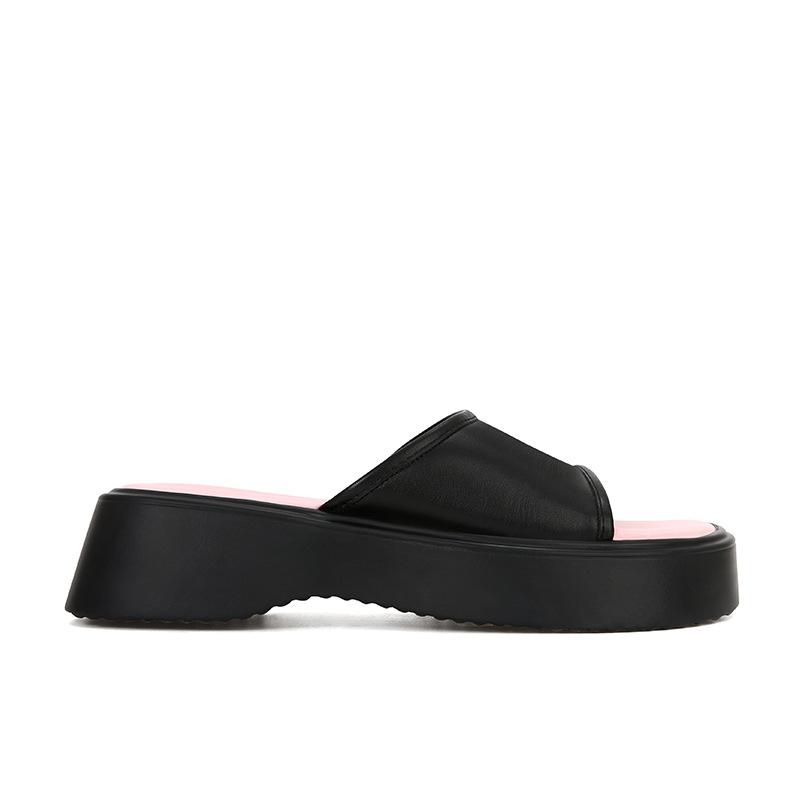 Sheepskin genuine leather one-character casual thick-soled heightening slippers women's summer cool slippers outer wear