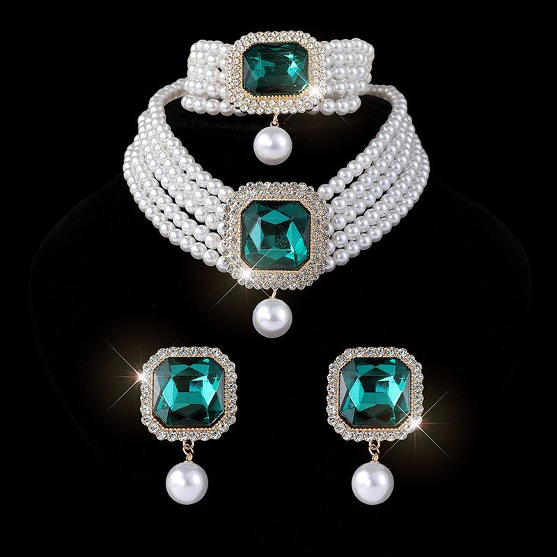 Multi-layer Imitation Pearl Crystal Earrings Bracelet Necklace Three-piece Set Bridal Luxury Full of Diamond Jewelry Women
