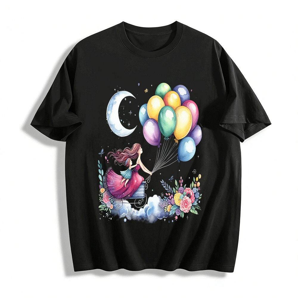 Mom And Daughter Balloon Moon Print Watercolor Casual T-shirt Pure cotton T-shirt XXS