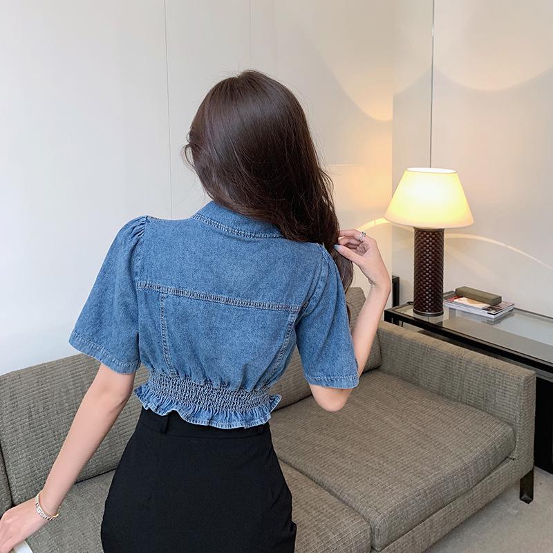 Korean Style Cinched Waist Slimming Denim Summer Top