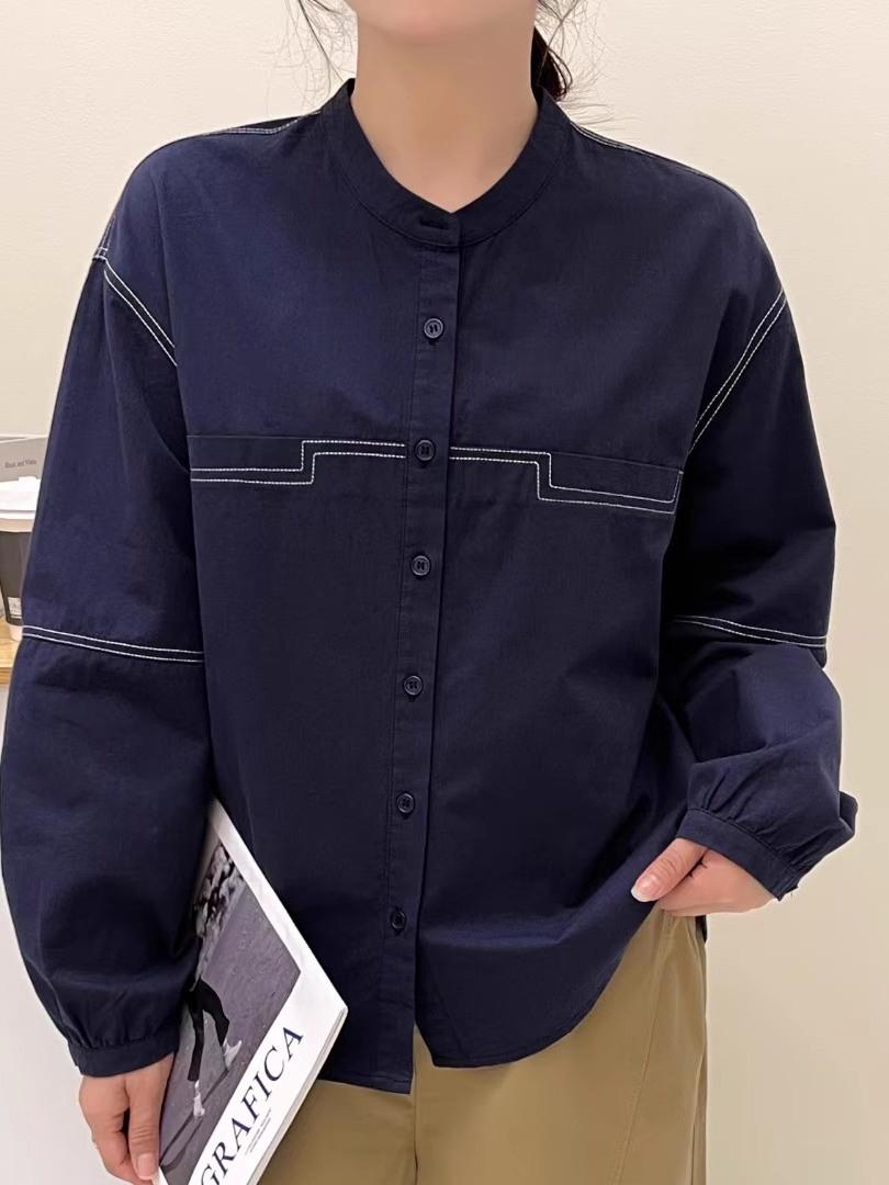 

Весна 2025 Женская приталенная блузка с длинным рукавом и воротником-стойкой - Корейский стиль, повседневная, однотонная Medium темно-синий