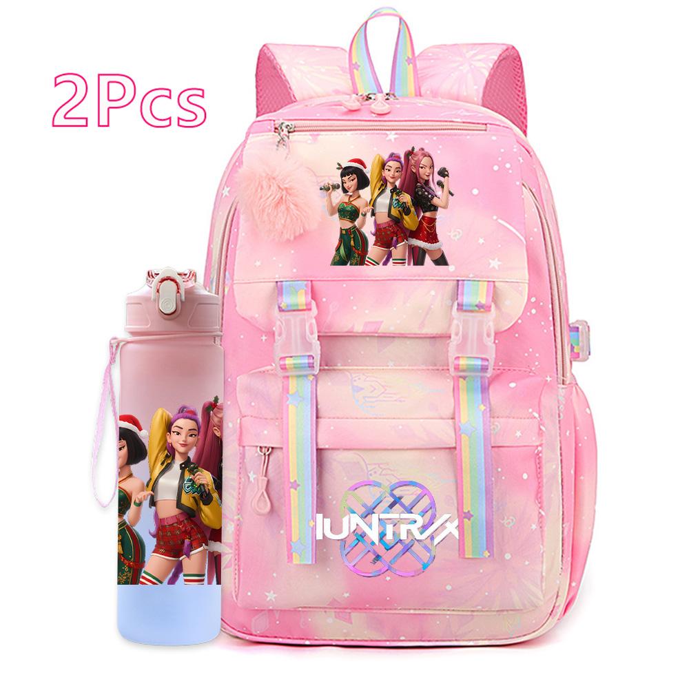 2Pcs/set Christmas K-pop Printed Backpack with 750Ml Water Bottler Large Capacity Travel Bag for Teenager Girl Boy Waterproof Bookbag Kid Gift Rucksak