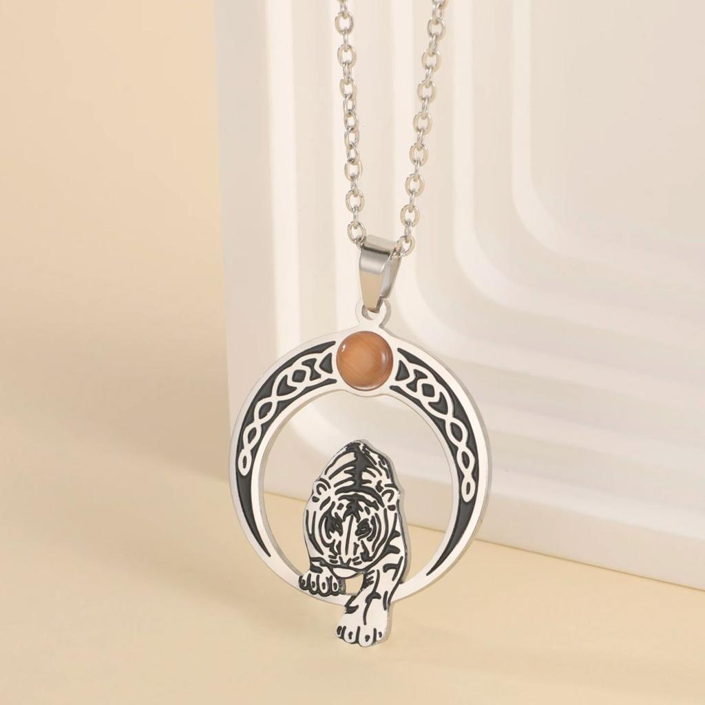 LIKGREAT Vintage Crescent Knot Tiger Necklace Stainless Steel Pendant Necklaces Gothic Punk Amulet Jewelry Gift for Men Women