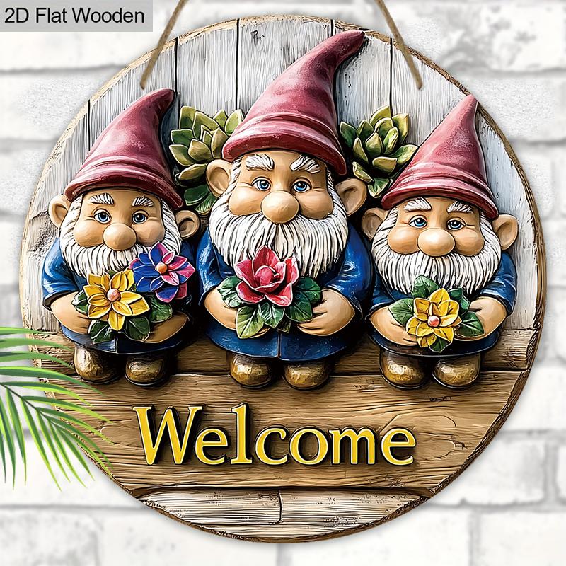Wooden Welcome Sign with Adorable Gnome & Lavender Pattern - Round Artwork for Front Door, Wall Hanging Decor - Ideal Home Decoration