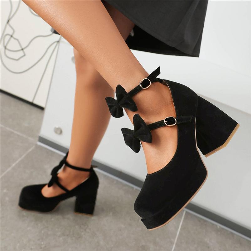 Women Mary Janes Pumps Square Toe Thick High Heels Platform Buckle Bow Glove Shoes Ladies Fashion Shoes Spring Autumn 46