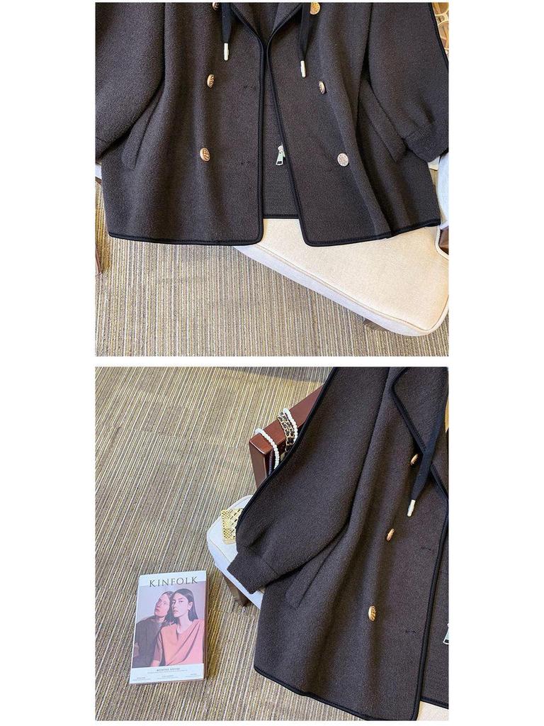 Dubbelsidig Huvförsedd Ullstickad Patchwork Smal Kofta