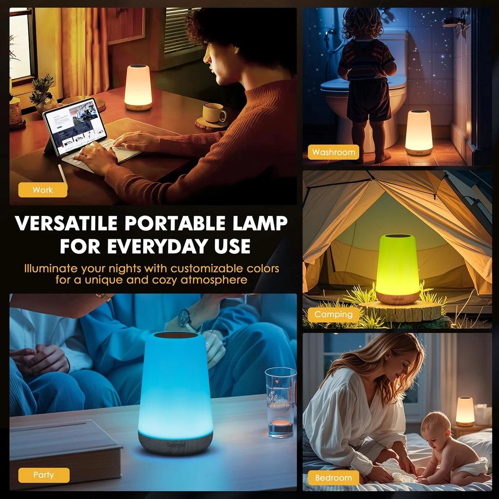 Night Light, Dimmable Touch Lamp for Bedroom, Portable Table Bedside Lamp, 5 Brightness 13 RGB Colors, Night Lights for Baby Nursery Bathroom