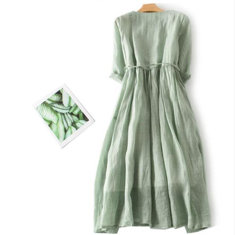 

Платья для свадьбы, платье миди с двойным воротником для гостей, короткими рукавами и завязками, хлопковое льняное платье со свободной талией и средней длиной M