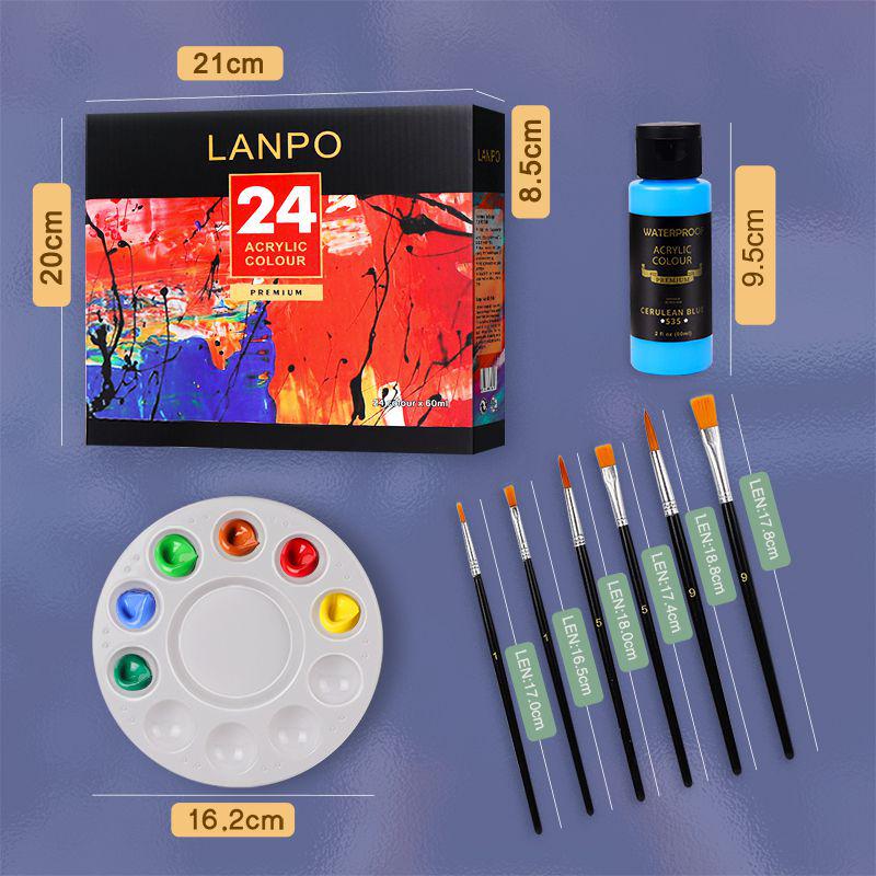 LANPO Acrylic Paint Set: 24 Colors, Waterproof, Beginner-Friendly, Boxed for DIY Projects
