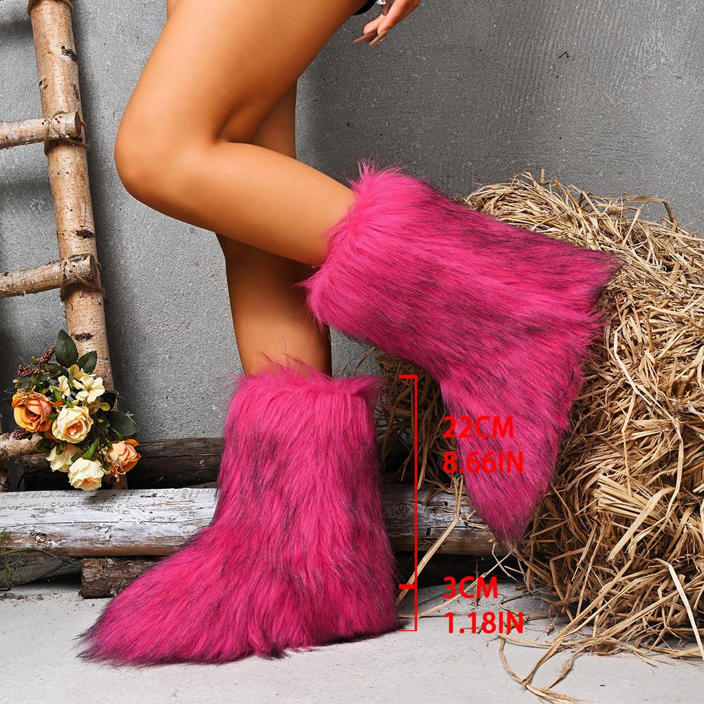 Fashion Faux Fur Boots Women Winter Snow Boots Luxury Fluffy Fuzzy Short Botas Warm Cozy Mid-Calf Botas Mujer Cross Belt Buckle PlusSize