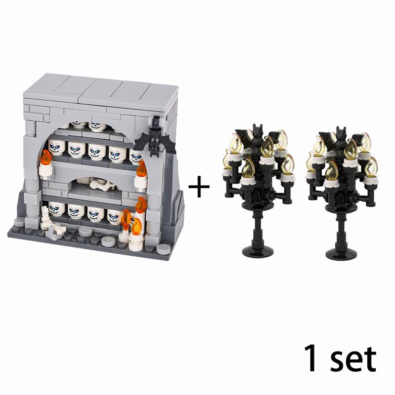 MOC Steine Mittelalter Alchemie Raum Küche Zauberer Trank Bausteine Teufelsquelle Schloss Straßenlaterne Hexen Figuren Szene Schädel