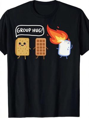S & 's Black Campfire S'mores T-Shirt - Cute Graham Cracker & Marshmallow Cartoon Tee With Waffle & Graham Characters, Breathable Stretch Cotton Loose