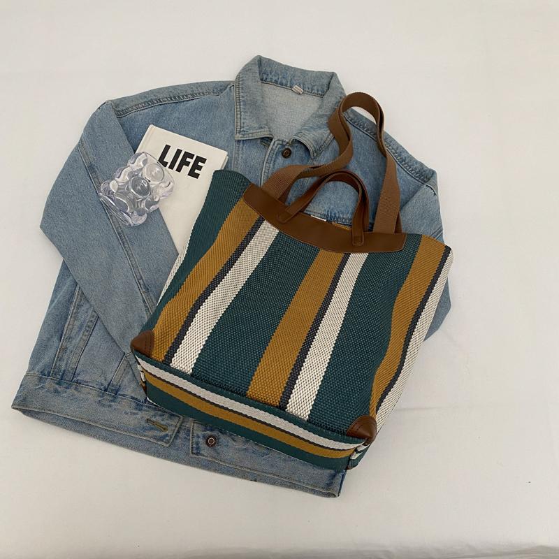 Canvas Bag Large Capacity Shoulder Bag for Female Striped Tote Bag