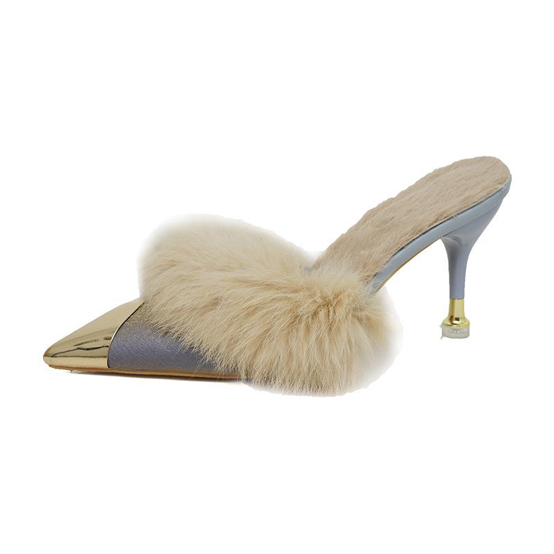 Hongkai Mao Mao Mao High-heeled Slippers Women's Outer Wear 2025 Autumn and Winter New French Pointed Half Slippers Women's Trend