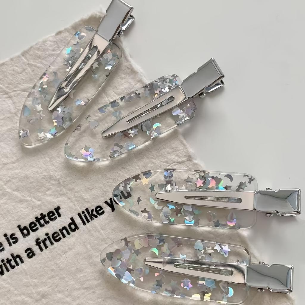 2D Flat 4Pcs Holographic Star Moon Hair Clips, Transparent Resin Sequins Non-slip Barrettes, Y2K Women Hair Accessories