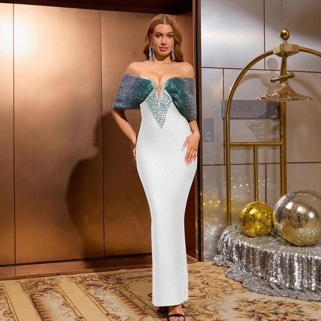 Rochie de seară elegantă franțuzească cu bandaj cu perle mărgelate 2025
