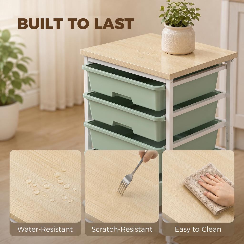 6-Tier Storage Trolley On Wheels, Metal Kitchen Rolling Cart with 5 Pull-Out Drawers, Green