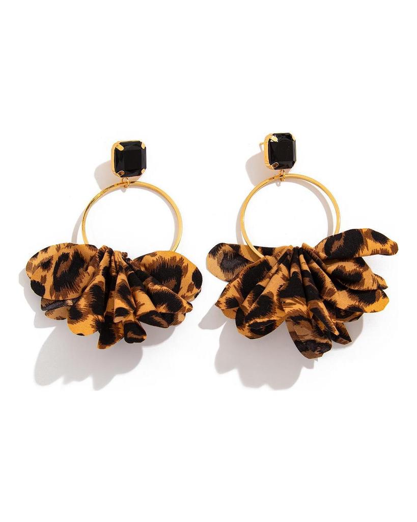 Boucles d'oreilles créoles larges en tissu imprimé léopard avec une touche métallique moderne - Fait main, style européen et américain