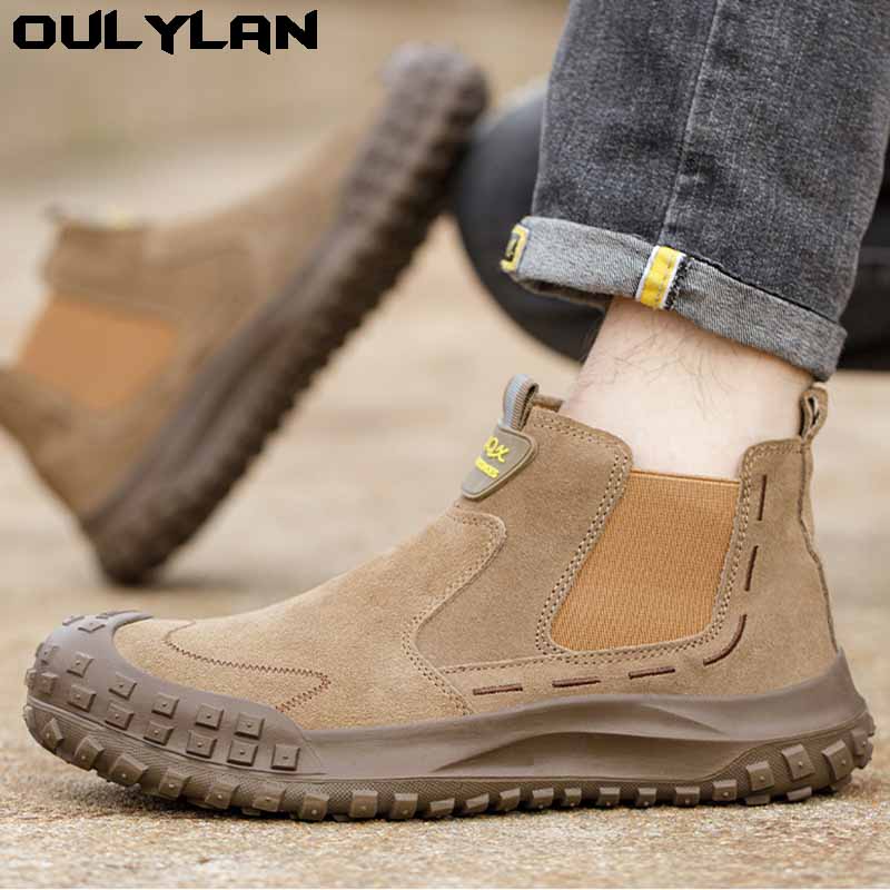 Men's Casual Steel Toe Covers Work Boots Worker Safety Shoes Cow Suede Leather Welding Sneakers Security Ankle Botas Protection