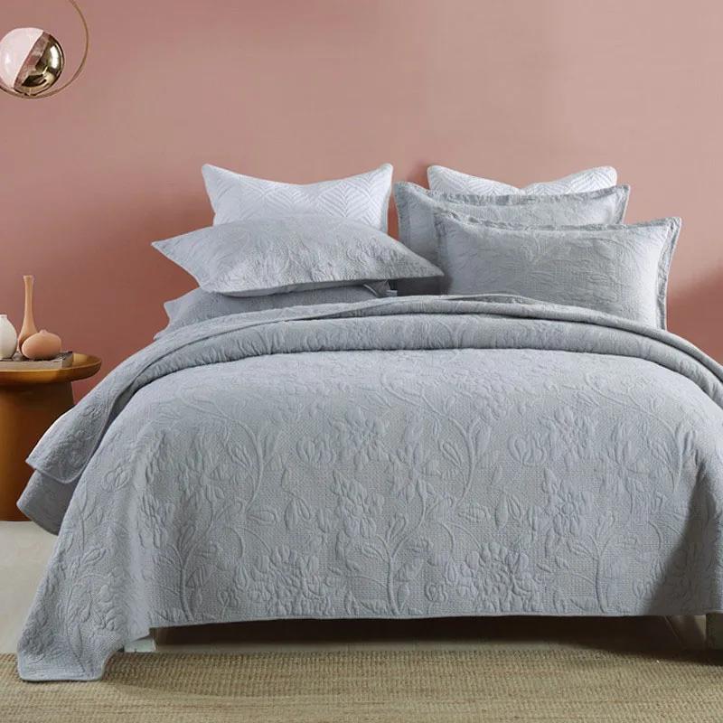 Embroidered Cotton Quilt Set 3pcs Solid Color Bedspread with 2 Pillowcase King Queen Size Coverlet Blanket for Bed Comforter
