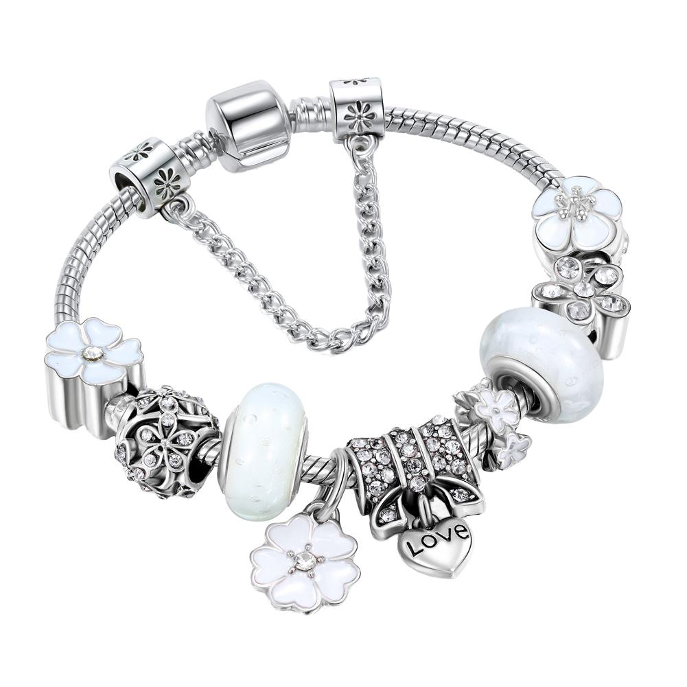 2026 Hot Sale Fashion Jewelry Diy Flower Charm Bracelet Silver Plated Crystal Rhinestone Butterfly Love Pendant Men's Trendy