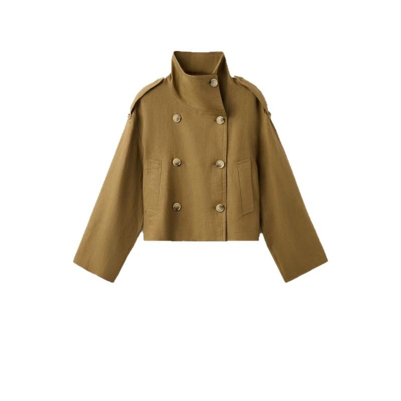Damen Kurzmantel mit Stehkragen Doppelreihig Lockerer Schnitt Jacke mit Schulterklappen Olivgrün Beige