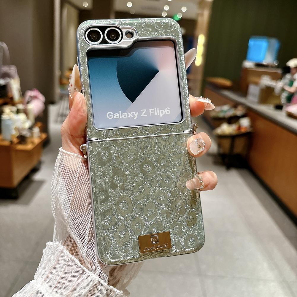 Shimmering Leopard Print Phone Case for Samsung Z Flip 8 flip7 fe Galaxy Z Flip 7 6 5 Silver-edged Side Buckle Protective Cover
