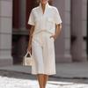White Short Sleeve V Neck Pocket Top and Wide Leg Mid-Cropped Pants Two Piece Set