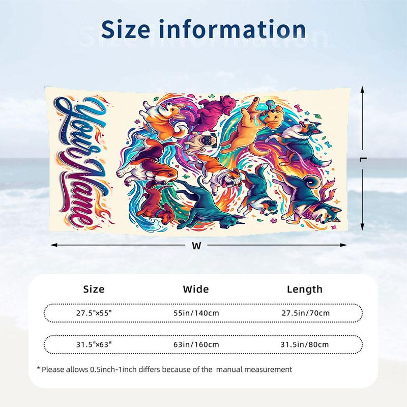 Dog Theme Beach Towel Personalized Custom Name & Text Soft Quick Dry Beach Towel for Swimming Travel