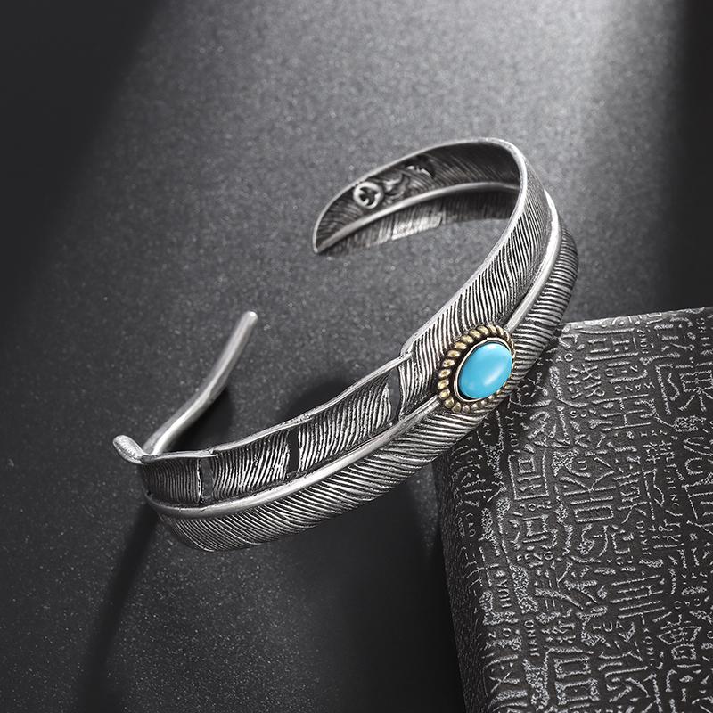 Silver Feather Cuff Bracelet for Men Women Vintage Adjustable Bracelet Bangle Fashion Jewelry