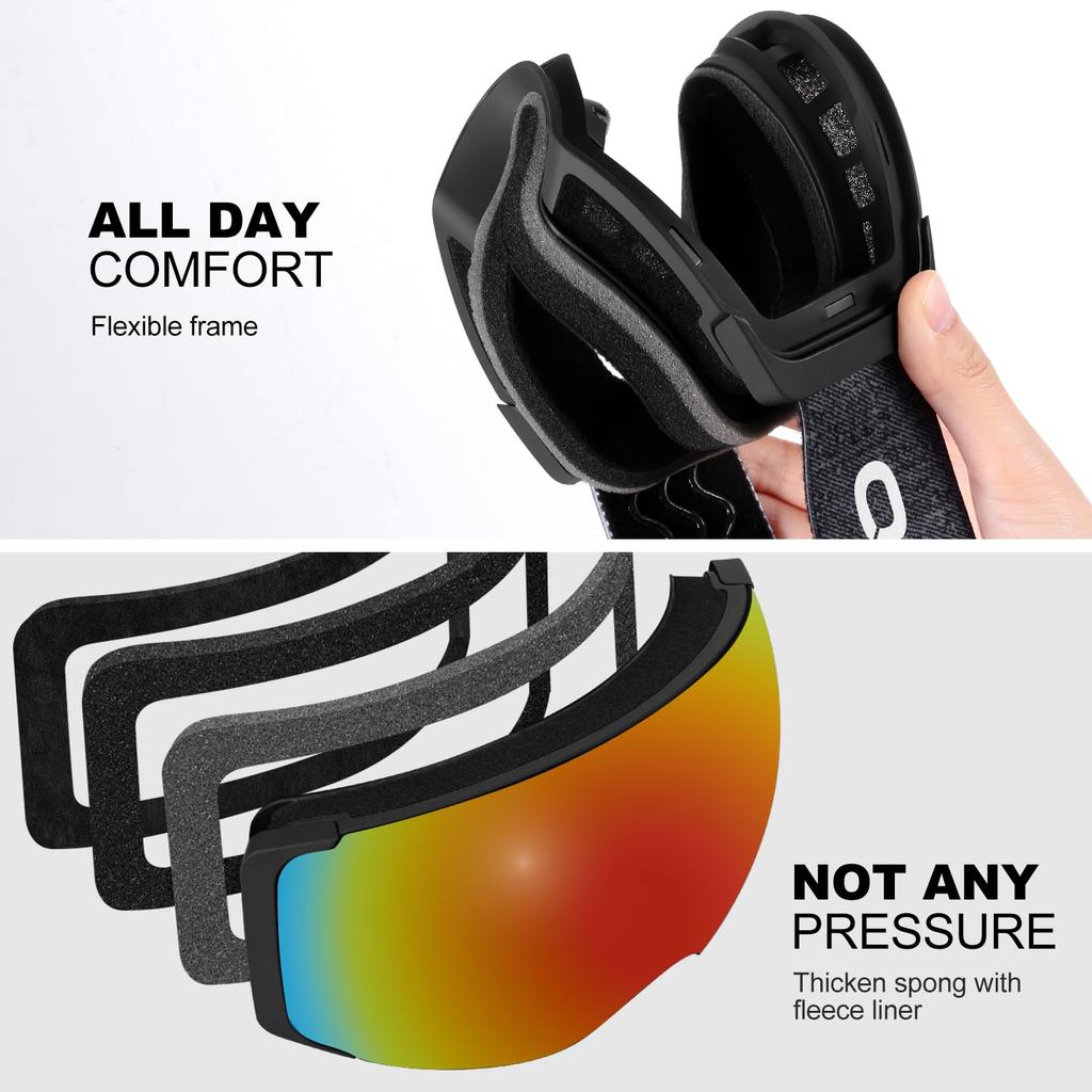Odoland Snow Goggles Night Ski Magnetic Interchangeable Spherical Glasses OTG Wide Field of UV400 Impact Unisex Lens VLT + Lenses, Lenses, Dual-Layer
