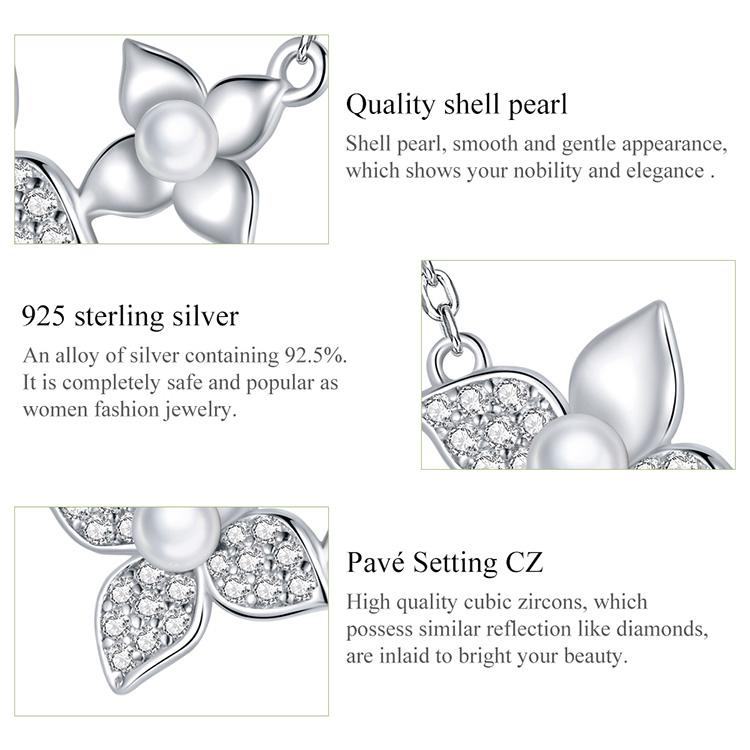 Bisaer Květinový náhrdelník 925 Sterling Silver Clear CZ Perlový náhrdelník pro ženy Svatební zásnubní jemné šperky