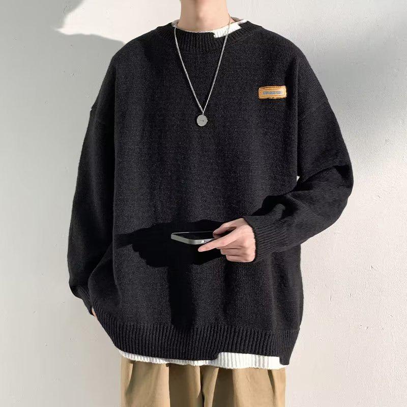 Hong Kong Style Men's Winter Fake Two-Piece Round Neck Sweater - Thick, Loose, Warm Knitwear