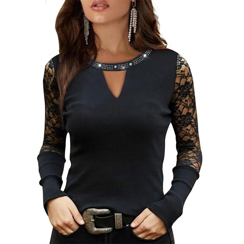 Women's Fashion New Design Lace Splicing Hot Stamping Diamond Slim Slim Mesh Long Sleeve Tops