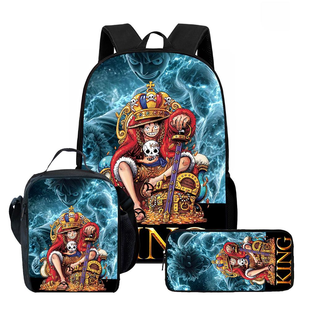 One Piece 15 Inch 3 Pcs Cartoon School Backpack Set Lightweight Bag With Lunch Bag Pencil Case For Boys Girls Grade 1-3 Mochila